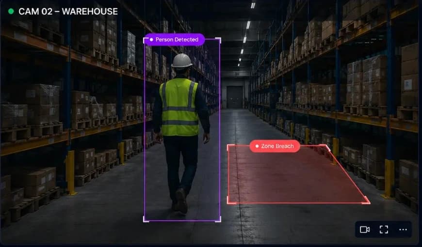 Warehouse aisle camera feed with a detected person wearing a hard hat and hi-vis vest and a highlighted restricted zone