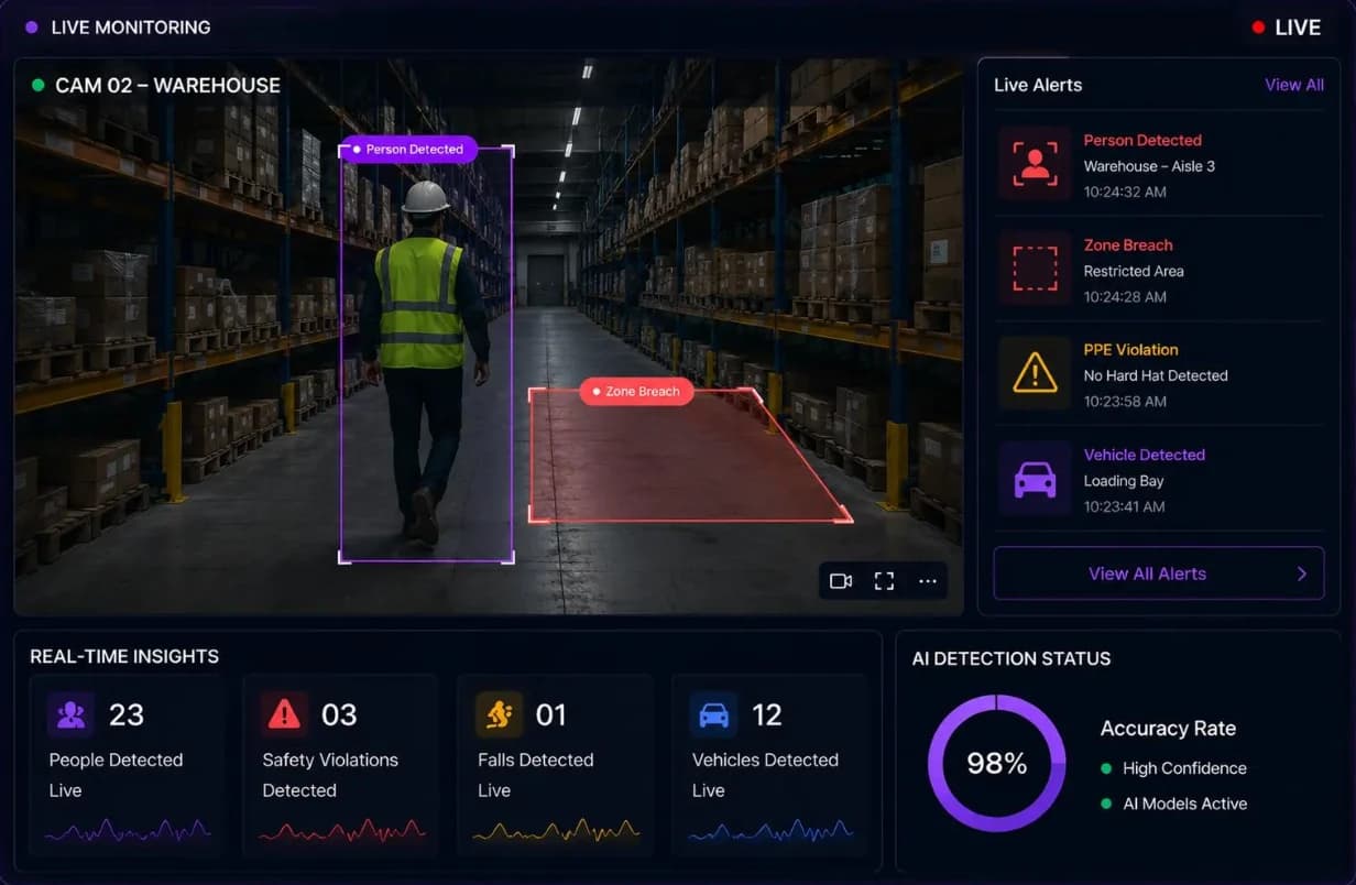 Computer vision monitoring dashboard showing a warehouse camera feed with person and zone breach detection, live alerts and detection insights